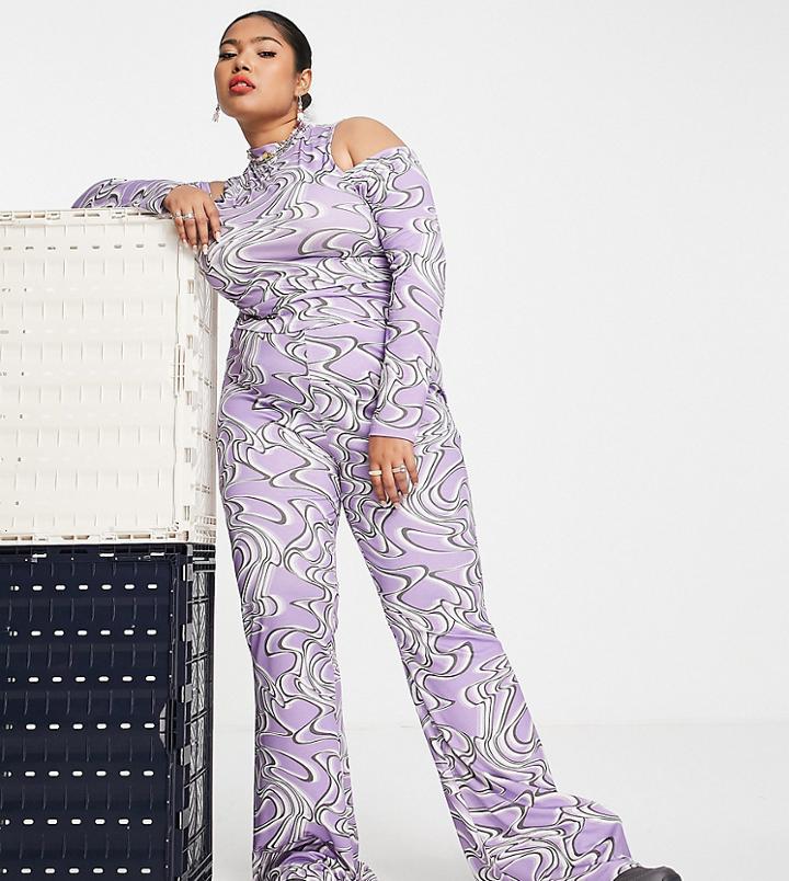 Asos Design Curve Wide Leg Pants In Linear Marble Print-multi
