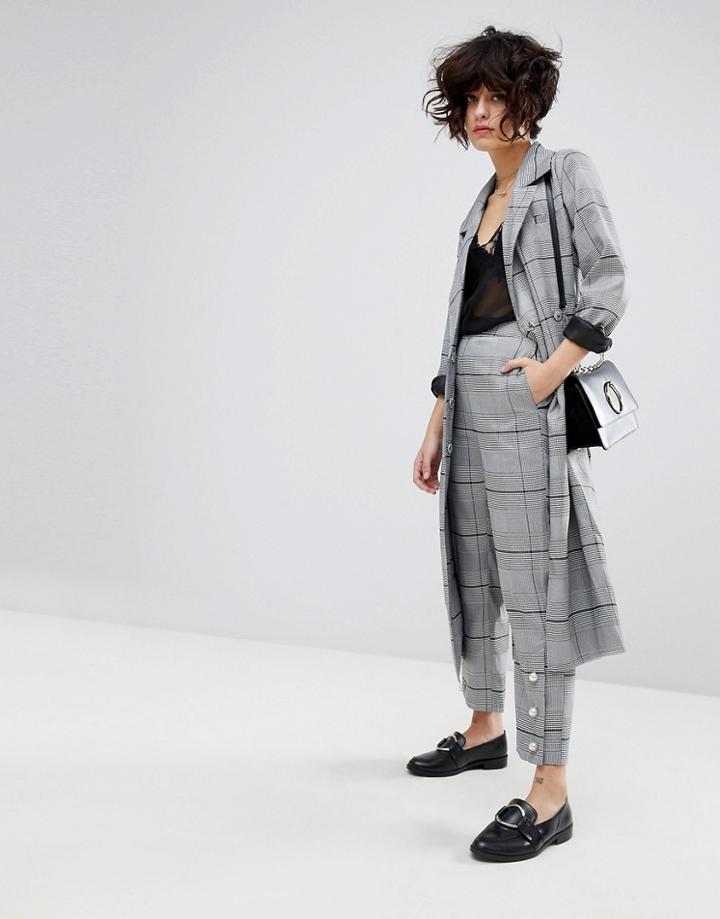 J.o.a Cropped Tailored Pants With Pearl Details In Suit Check Co-ord - Gray