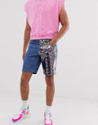 Asos Design Slim Denim Shorts With Sequin Panels In Mid Wash Blue