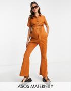 Asos Design Maternity Twill 70s Kick Flare Jumpsuit In Brown