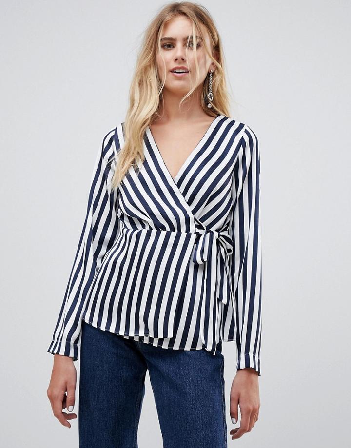 Pieces Disha Stripe Wrap Blouse - Navy