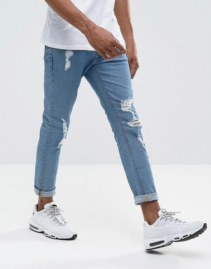Asos Skinny Jeans In Mid Wash With Heavy Rips - Blue