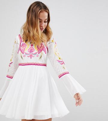 Frock And Frill Petite To Lace & Embroidery Top Pleated Mini Dress - White