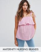 & You Nursing Stripe Frill Woven Top With Tie Detail Straps - Pink