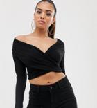 Asos Design Petite Cross Over Bardot Top With Long Sleeve - Black