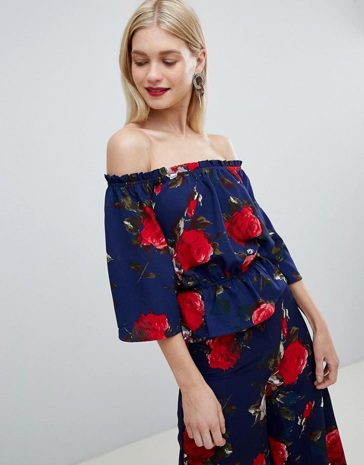 Lipsy Shirred Waist Bardot Top In Floral - Multi