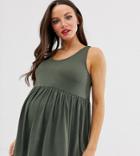 Asos Design Maternity Sleeveless Smock Top With Ruffle Hem And Tie-green