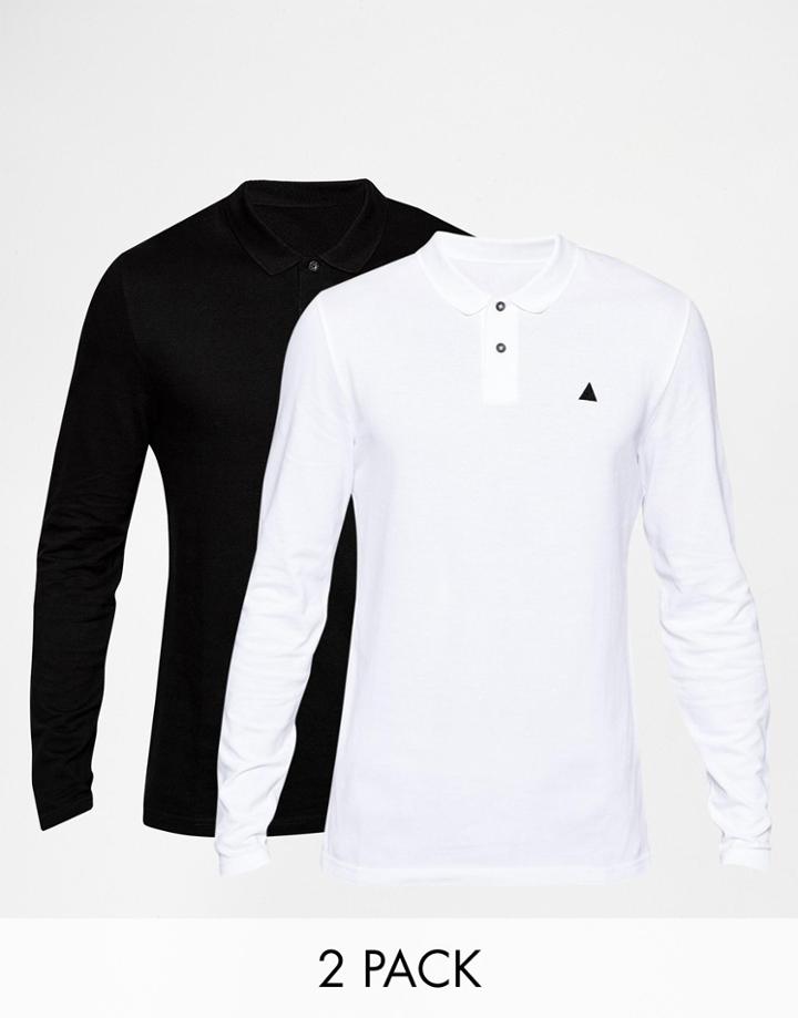 Asos Long Sleeve Pique Polo With Embroidery In Black/ White 2 Pack Save 16%