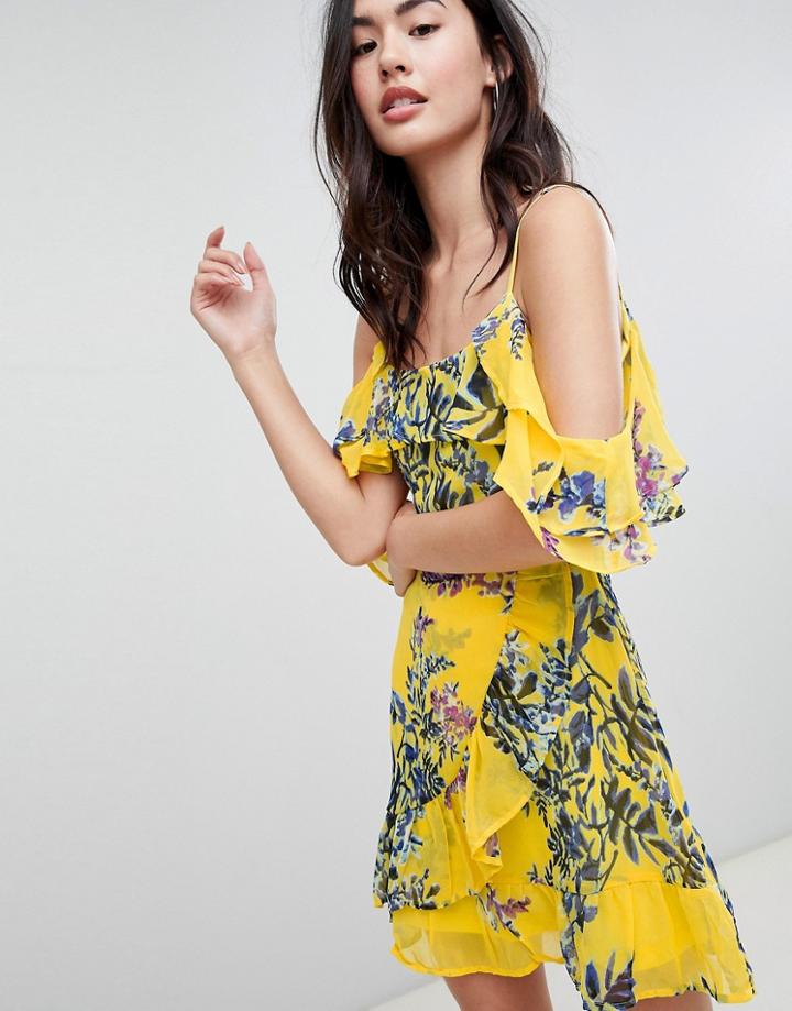 Brave Soul Bluebell Cold Shoulder Dress With Frills - Yellow