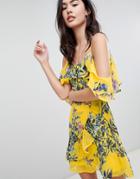 Brave Soul Bluebell Cold Shoulder Dress With Frills - Yellow