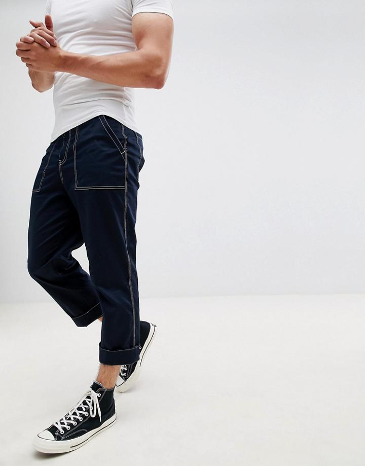 Asos Design Skater Cropped Pants In Navy With White Stitching - Navy