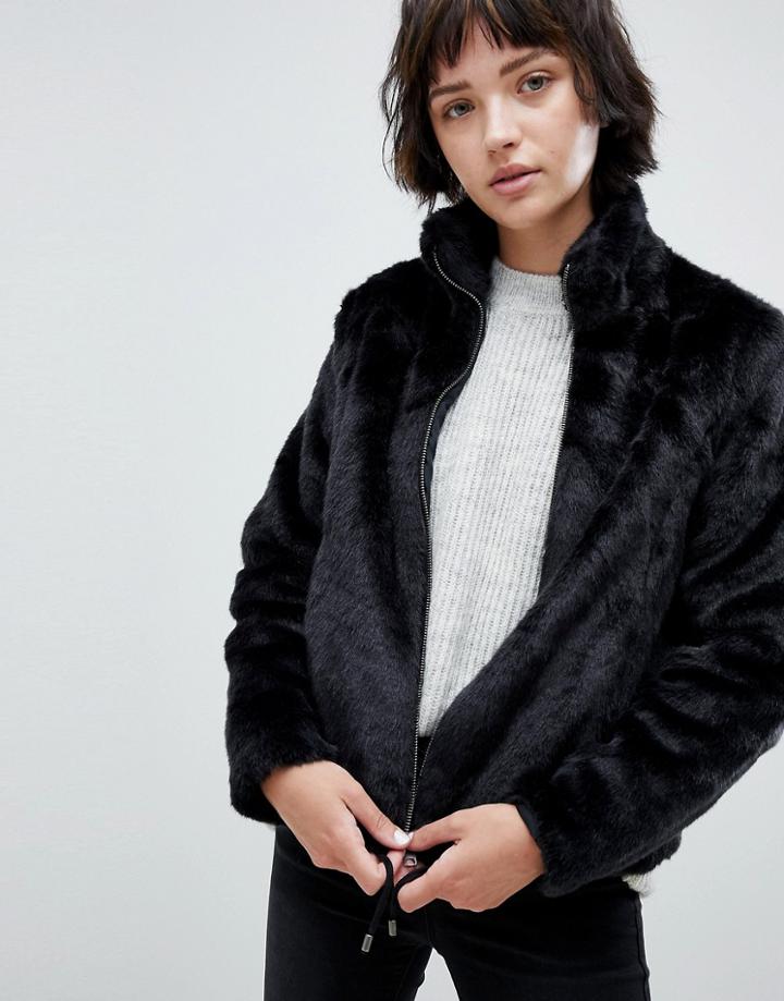B.young Faux Fur Funnel Neck Jacket - Black