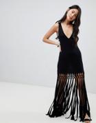 Asos Design Plunge Macrame Fringe Jersey Beach Dress - Black