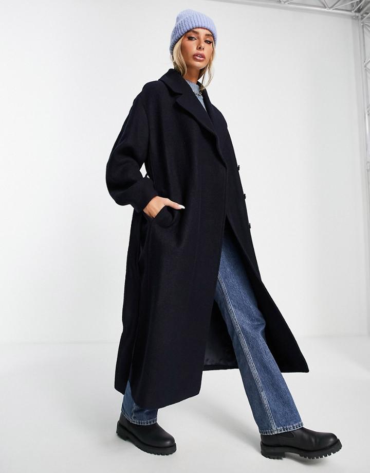 & Other Stories Tie Waist Midi Coat In Navy