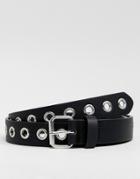 Asos Slim Faux Leather Belt With Eyelets In Black - Black