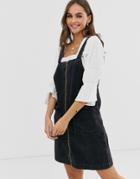 Pieces Denim Zip Front Pinny Dress - Black