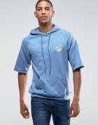 Wetts Raw Edge Mid Sleeve Hoodie With Wild Wave Back Print - Blue