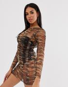 Asos Design Bodycon Jersey Mesh Beach Dress In Striped Tiger Print - Multi