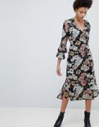 Selected Femme Wrap Midi Dress With Ruffle Sleeves - Multi
