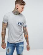 Brave Soul T-shirt With Leaf Print Pocket And Turn Up Sleeves - Gray