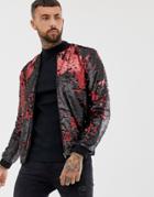 River Island Sequin Bomber Jacket In Black And Red - Black