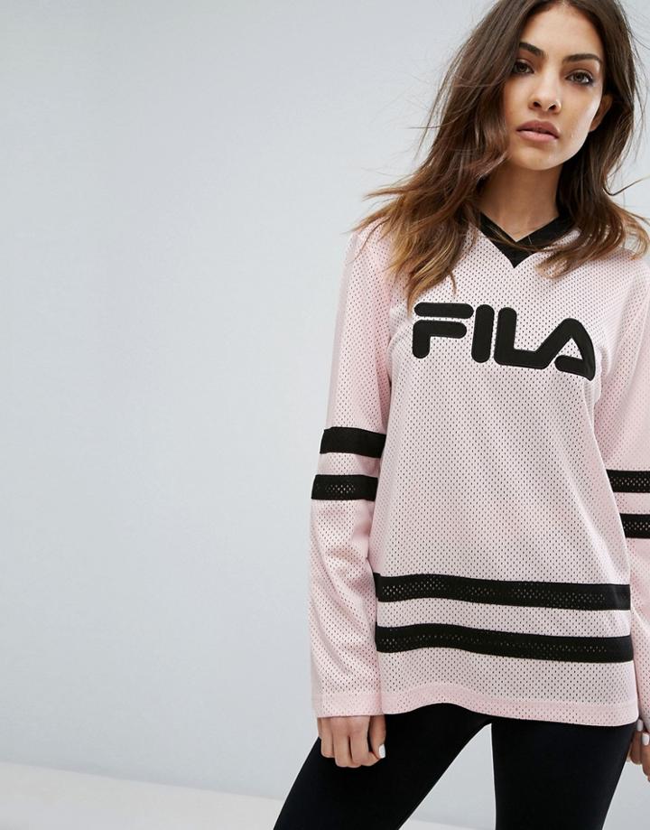 Fila Oversized Rugby Top With V Neck And Contrast Stripes In Mesh - Pink