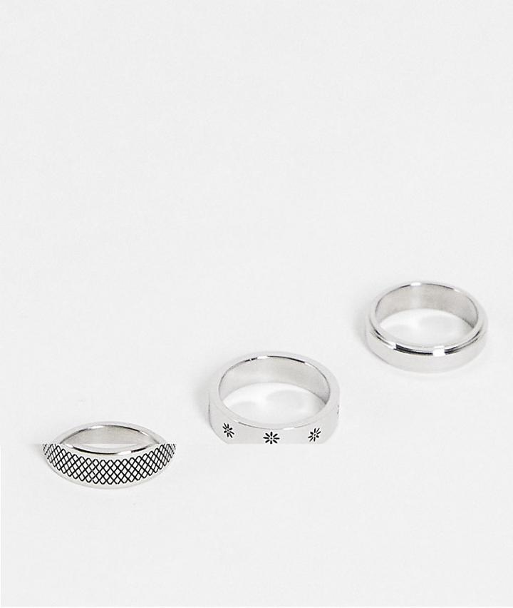 Asos Design 3-pack Stainless Steel Band Ring Set With Flower Embossing In Silver Tone