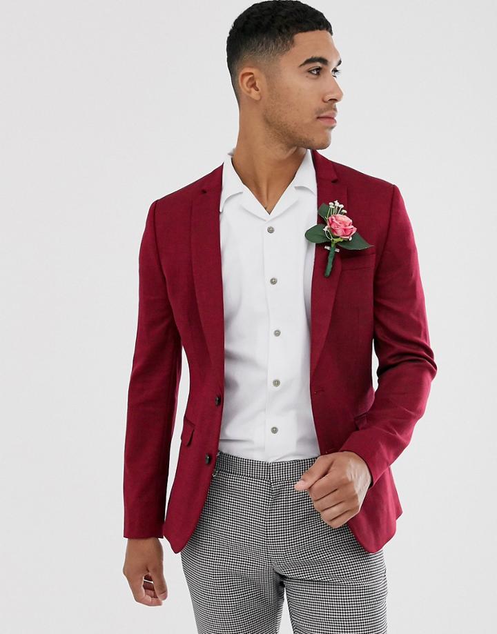 Asos Design Wedding Super Skinny Wool Mix Blazer In Burgundy - Red