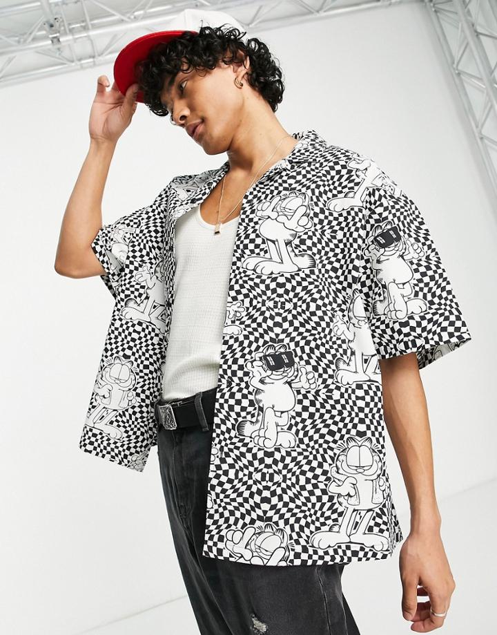 Asos Design Boxy Oversized Garfield Checkerboard Print Revere Shirt In Multi-white