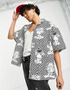 Asos Design Boxy Oversized Garfield Checkerboard Print Revere Shirt In Multi-white