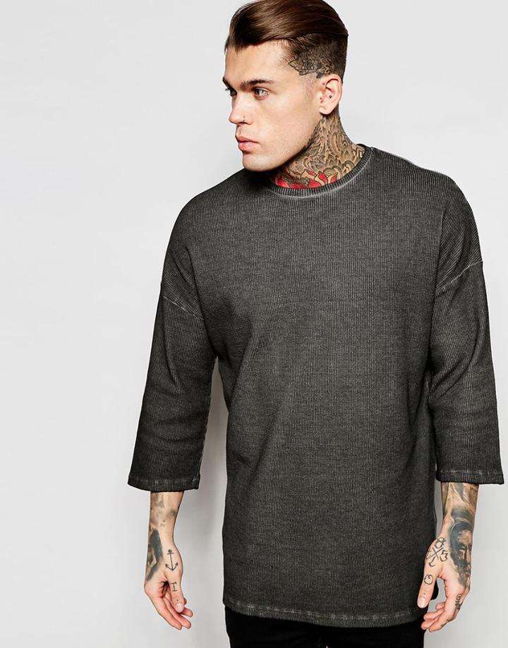 Asos Waffle Oversized 3/4 Sleeve T-shirt With Oil Wash - Black