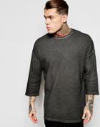 Asos Waffle Oversized 3/4 Sleeve T-shirt With Oil Wash - Black