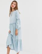 Asos Design Denim Midi Tiered Smock Dress In Lightwash Blue