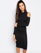 Missguided Cold Shoulder Ribbed Midi Body-conscious Dress - Dark Gray