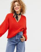 Asos Design V-neck Sweater In Chunky Rib-orange