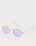 Asos Design Metal Oval Sunglasses In Silver With Lilac Lens - Gold