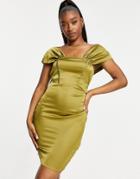 Naanaa Bardot Satin Dress In Khaki-green