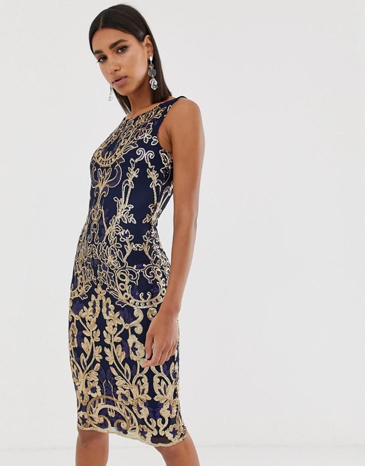 Goddiva High Neck Midi Embellished Sequin Dress In Navy - Navy