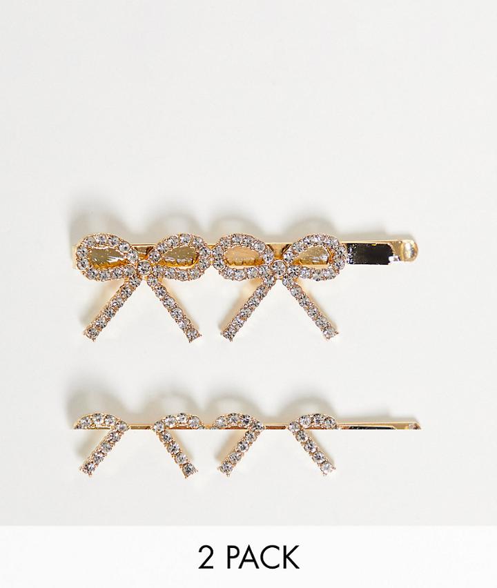 Asos Design Pack Of 2 Hair Clips In Gold With Diamante Bows