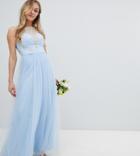 Chi Chi London Petite Bardot Neck Sleeveless Maxi Dress With Premium Lace And Tulle Skirt - Blue