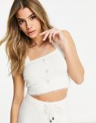 River Island Fluffy Knit Crop Top With Pearl Buttons In Cream-white