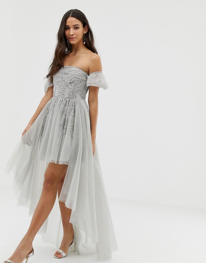 Dolly & Delicious Off Shoulder Mini Embellished Prom Dress With Train Detail In Gray