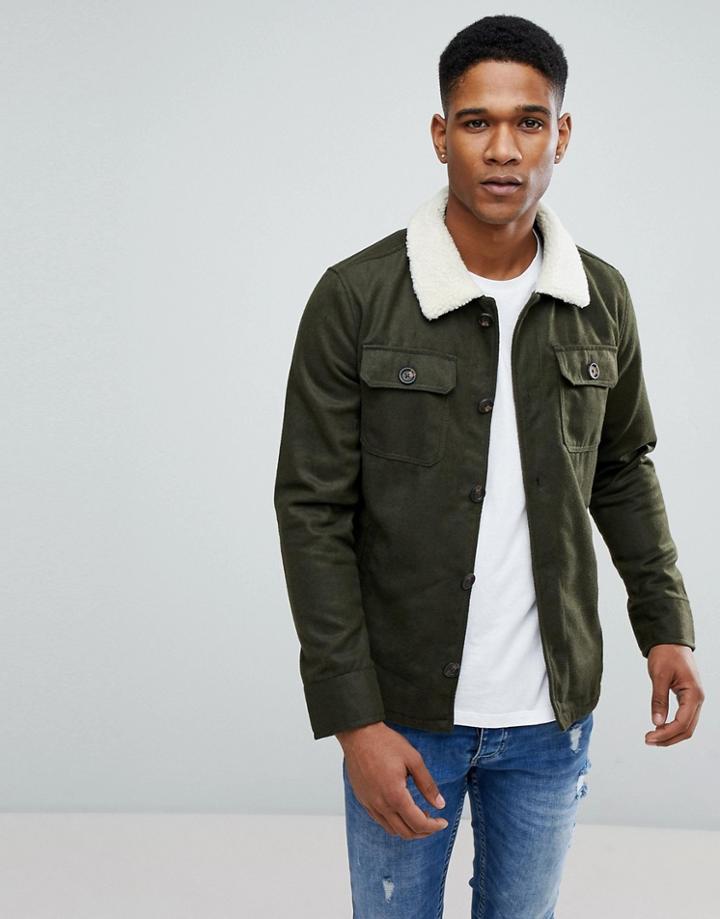 Brave Soul Wool Mix Fleece Collar Shacket - Green