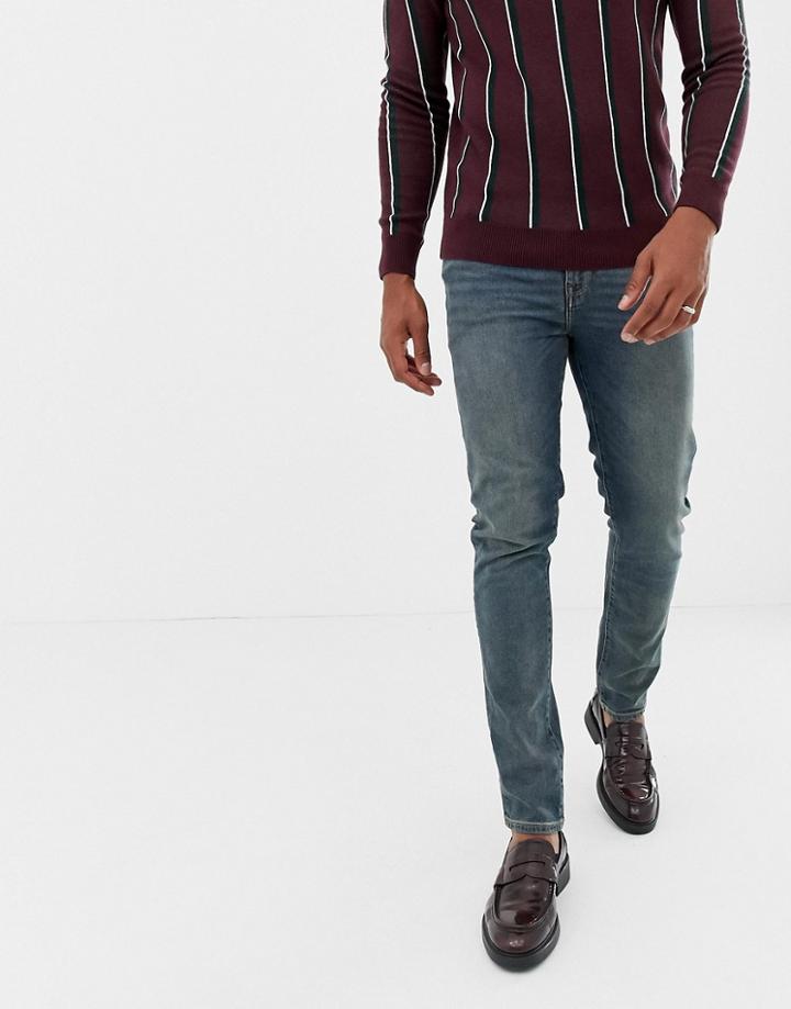 Asos Design 12.5oz Skinny Jeans In Smokey Blue With Abrasions