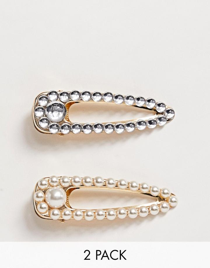 Asos Design Pack Of 2 Hair Clips In Snap Shape In Pearl And Jewel - Gold