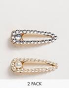 Asos Design Pack Of 2 Hair Clips In Snap Shape In Pearl And Jewel - Gold