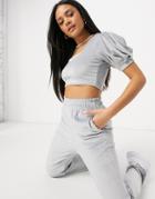 Moda Minx Cropped Balloon Sleeve Top And Sweatpants Set In Gray Terrycloth-grey