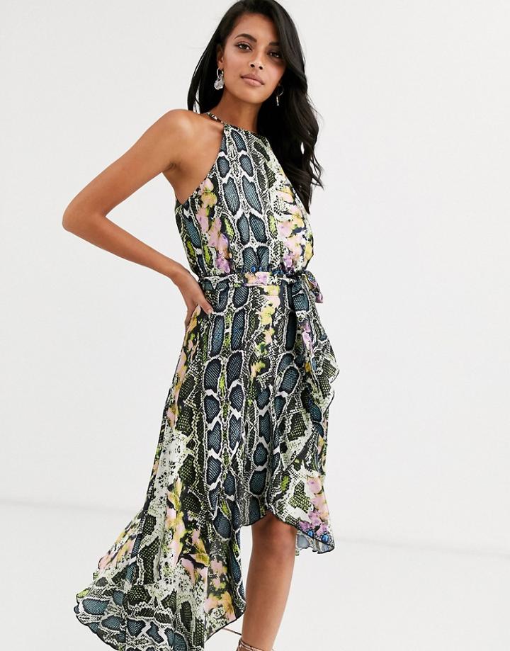 Forever U Collection Halter Neck Wrap Tie Ruffle Dress In Multi Snake Print - Multi