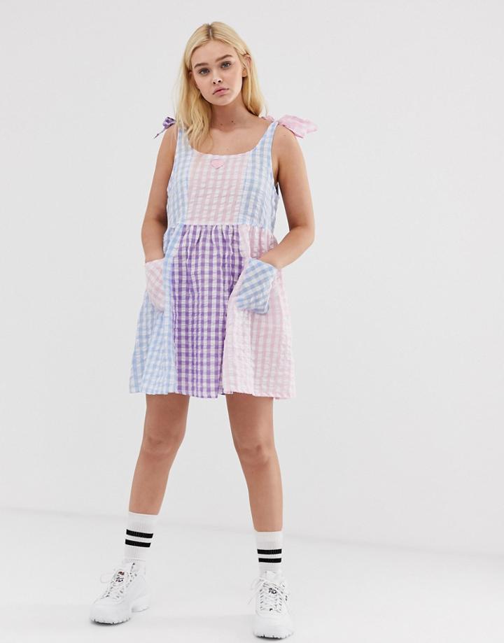 Lazy Oaf Tie Shoulder Sundress In Patchwork Gingham - Multi