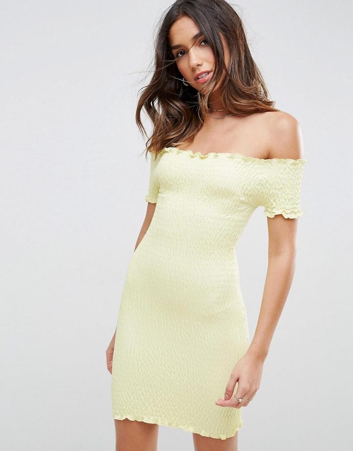 Asos Bardot Bodycon Mini Dress In Shirring - Yellow